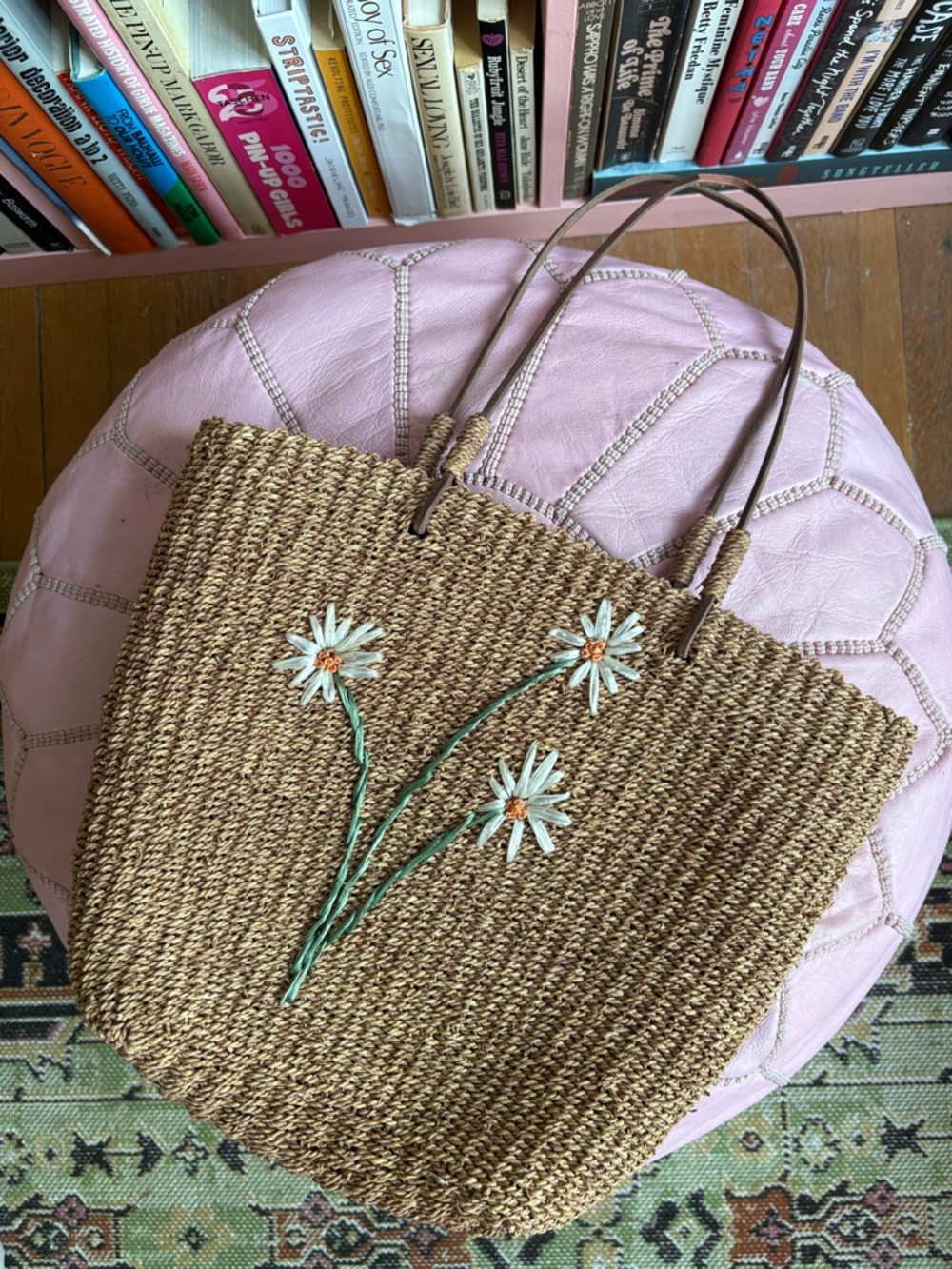 Vintage Straw Tote with White Daisy Embroidery